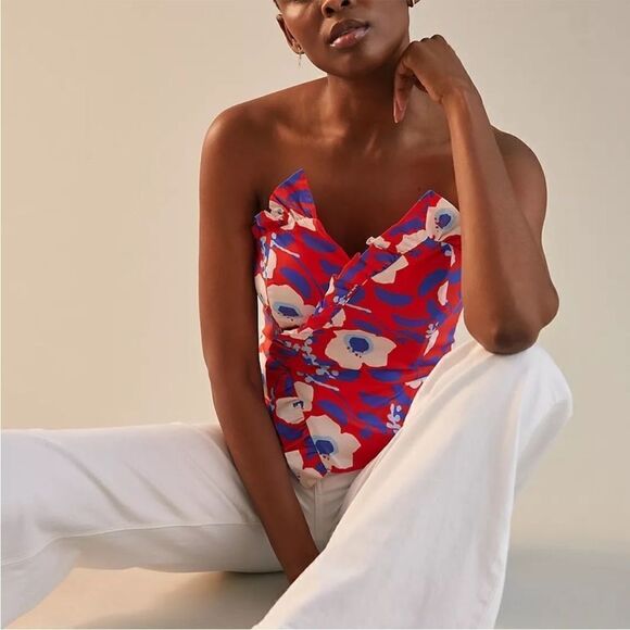 Revolve Anthropologie Hutch Cherry Red Ted Motif Strapless Ruffle Tube Top - Picture 2 of 13
